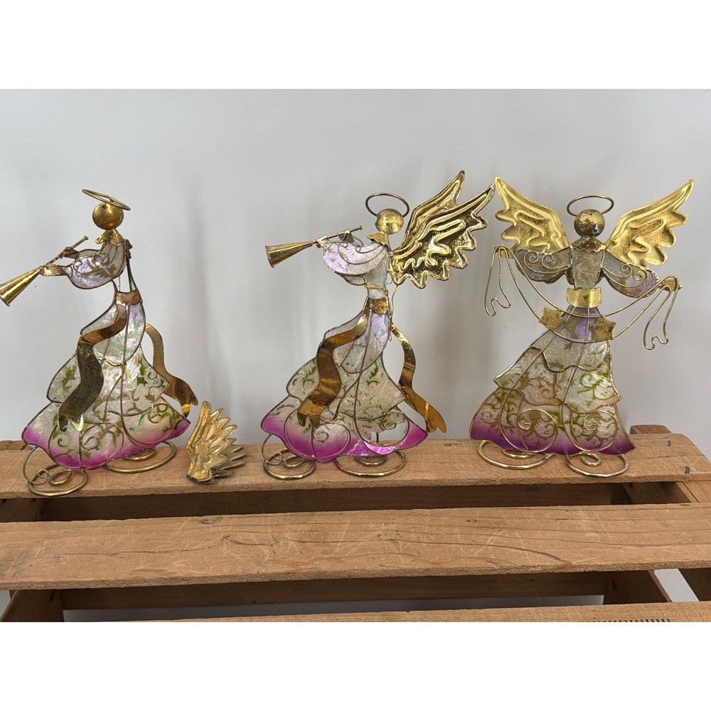 Vintage Capiz Shell Angel Figurines Set of 3 Gold Wire Christmas Decor AS IS